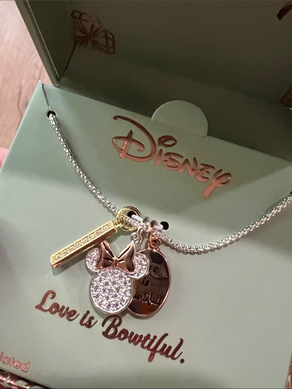 Disney Rose Gold & Silver Crystal Minnie Mouse Charm Necklace